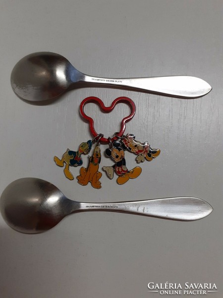 2 silver mickey mouse marked spoons with disney key chain with fire enamel marked figures