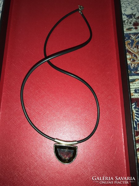 Showy silver handmade polished smoky quartz pendant on a rubber thread with a silver clip