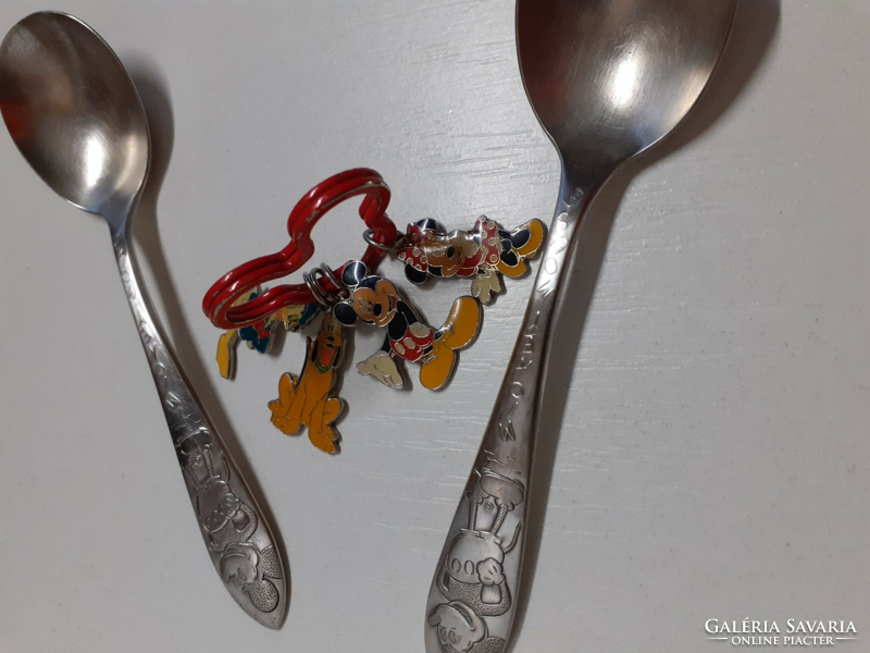2 silver mickey mouse marked spoons with disney key chain with fire enamel marked figures