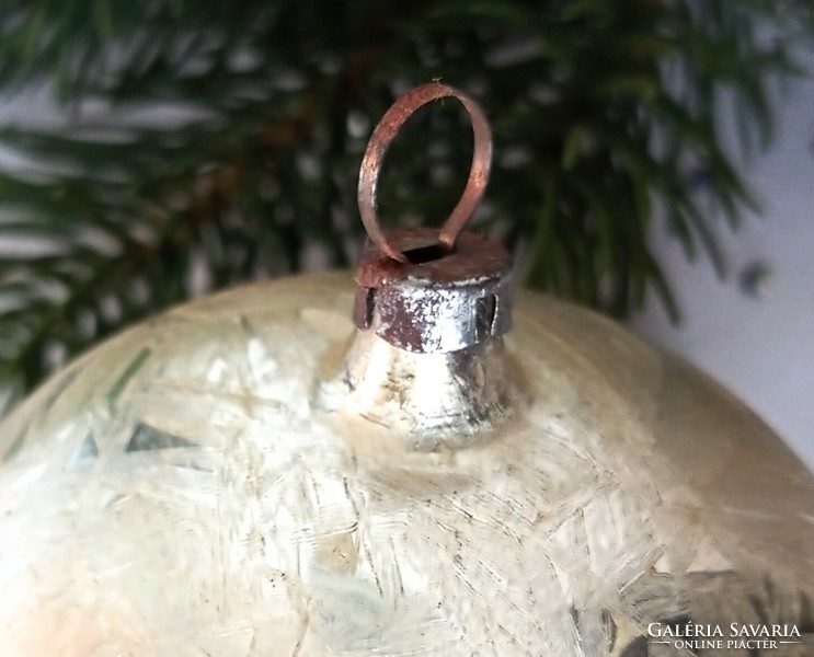 Régi kézzel festett gombás vékony üveg gömb nagy  karácsonyfa dísz 7cm
