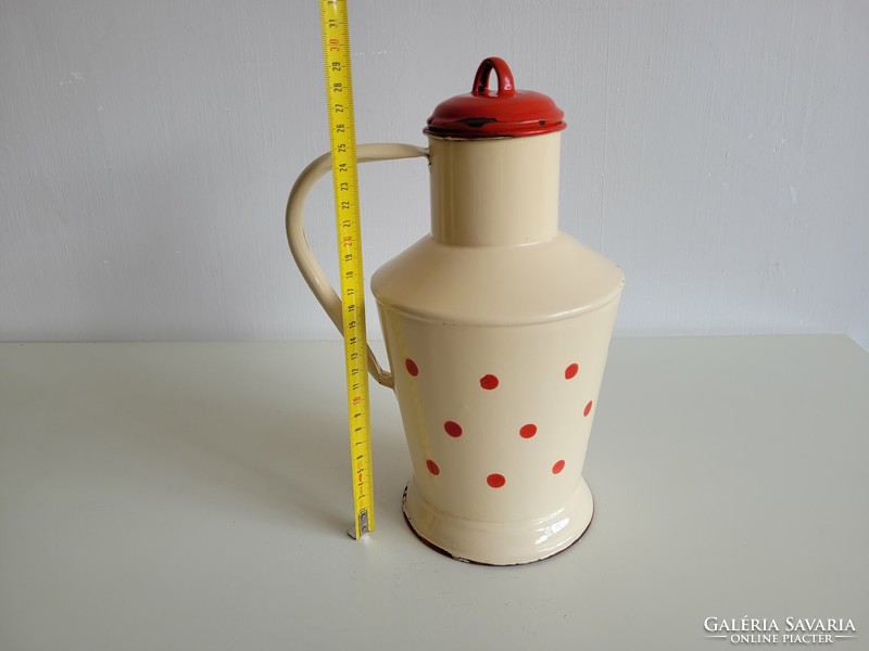 Old vintage 2 liter red polka dot enameled small jug Enameled 2 l butter colored water jug