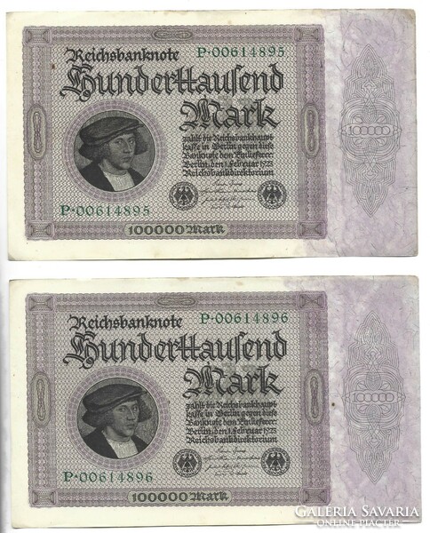 2 x 100000 márka 1923 birodalmi nyomtatás 8 jegyű sorszám aUNC hajtatlan Németország