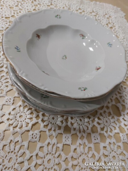 Zsolnay rare, small-flowered deep and flat plates with golden edges