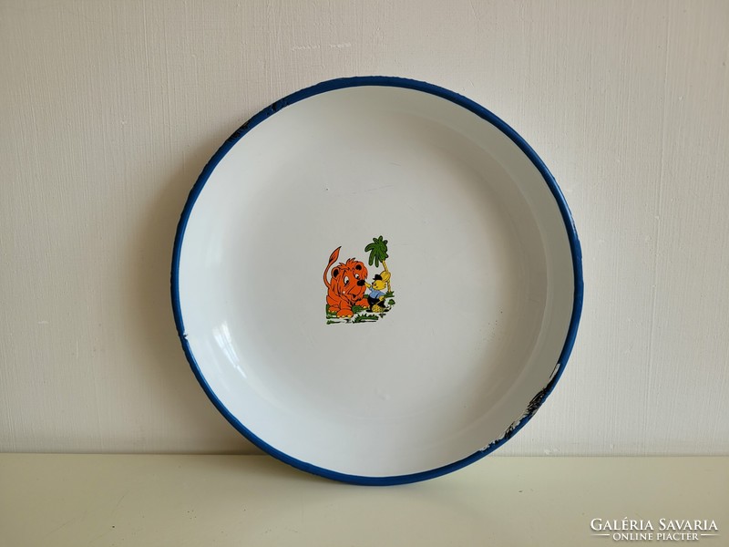 Old retro 27 cm Bonyhád enameled bowl with fairy tale pattern enameled tray with lion pattern