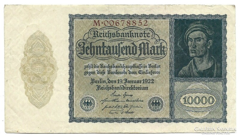 10000 márka 1922 kis méret birodalmi nyomtatás 8 jegyű sorszám Németország 1.