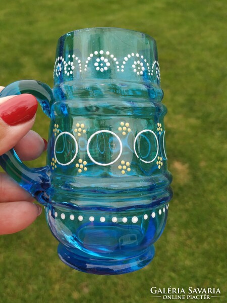 Blue glass, painted jug for sale!