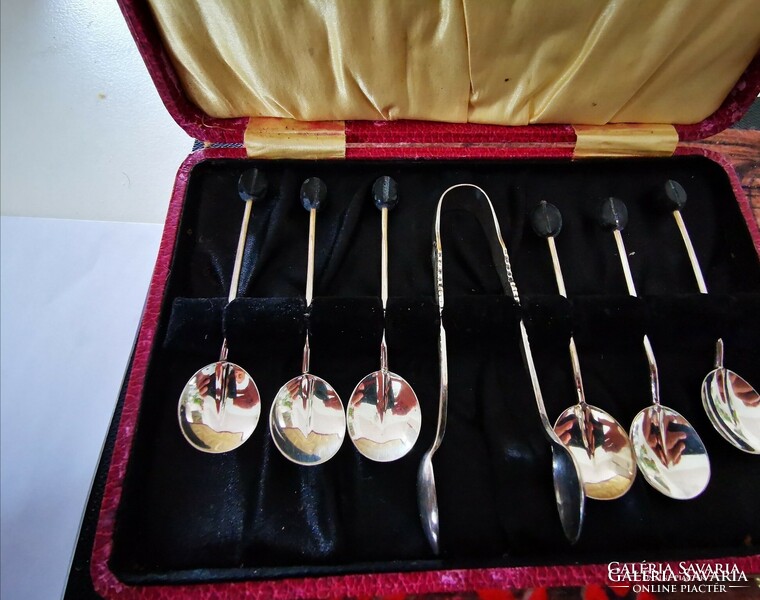 Set of 6 silver coffee spoons + non-silver sugar tongs