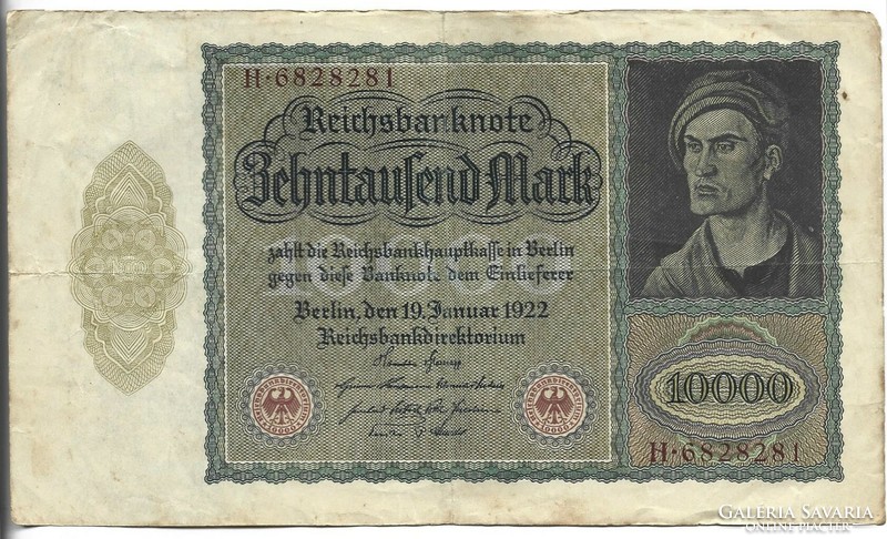 10000 márka 1922 nagy méret Alul középen betű nélkül más hátlap Németország 1.