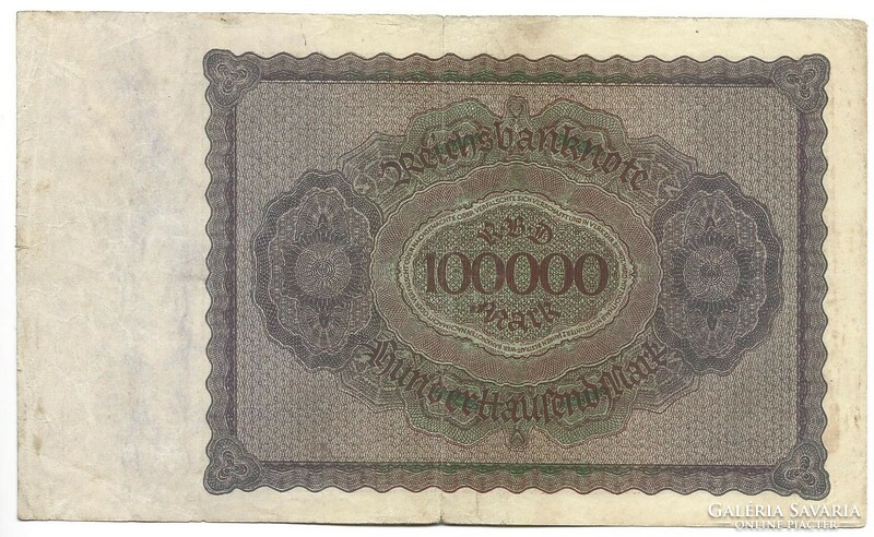 100000 márka 1923 birodalmi nyomtatás 8 jegyű sorszám Németország 1.