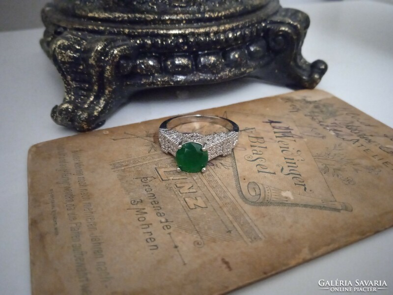 Silver-plated ring with green zircon stone