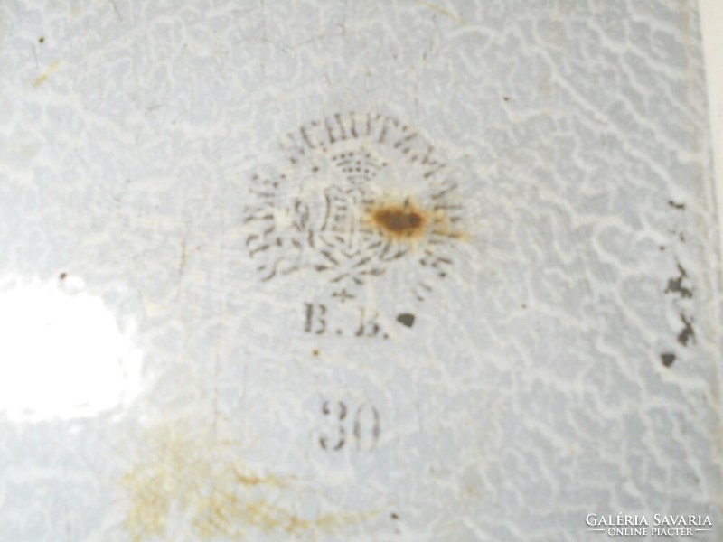 Régi antik zománcozott serpenyő sütő tepsi B.B. jelzéssel királyi címerrel 1900-as évek elejéről