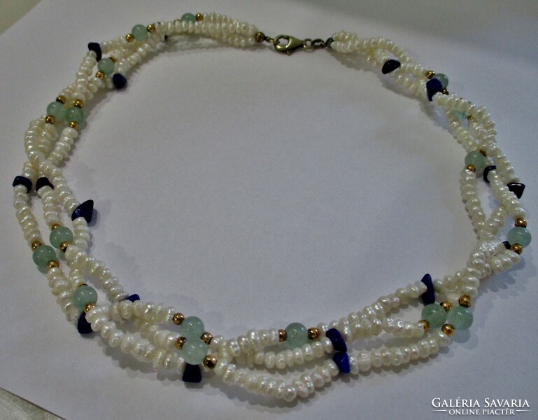 Beautiful 3-row real pearl necklace with lapis lazuli, aquamarine, silver clasp