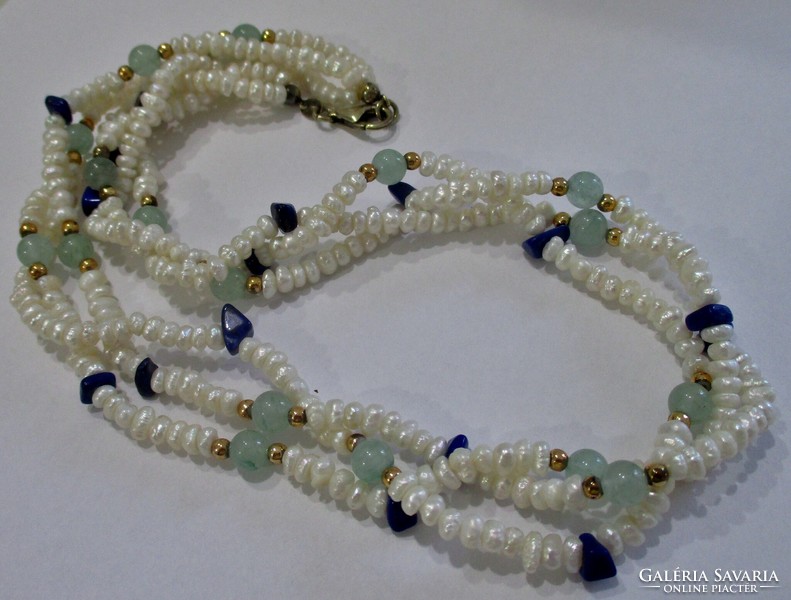 Beautiful 3-row real pearl necklace with lapis lazuli, aquamarine, silver clasp