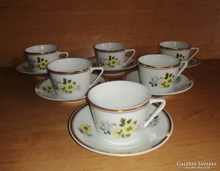 Retro Hollóházi porcelán sárga rózsás kávés csésze készlet 6 személyes (z-1)