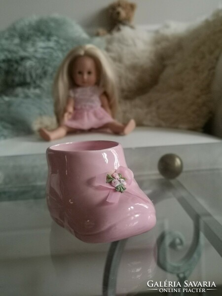 Rózsaszín porcelán babacipő, tortadisz várandós kismamáknak, kislány babavárás