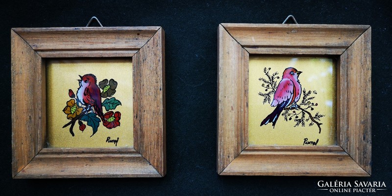 Small bird glass painting picture 2 pcs.