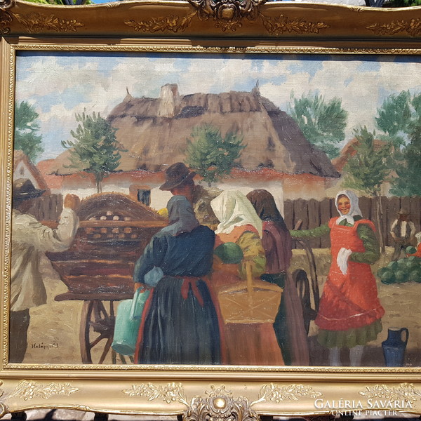 Imre Halápy-németh: melon market, life picture. Oil on canvas 60.3 x 80.2 cm painting.