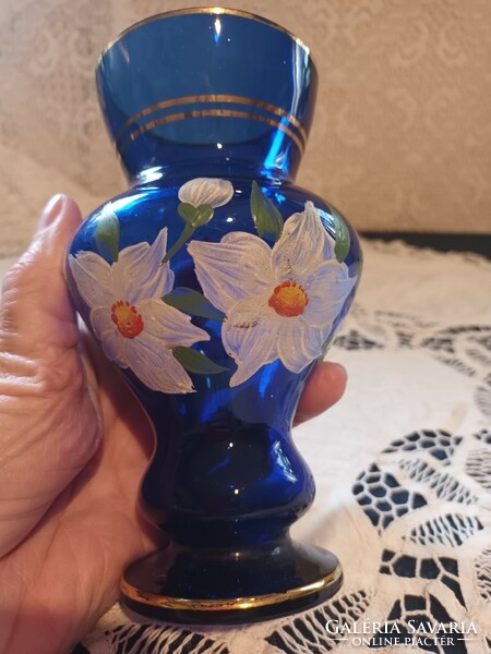 Eladó régi kézzel festett kobalt kék üveg váza!