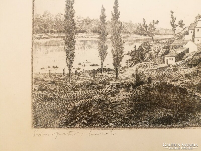 Etching by Arnold Gross: houses in Sarospatak