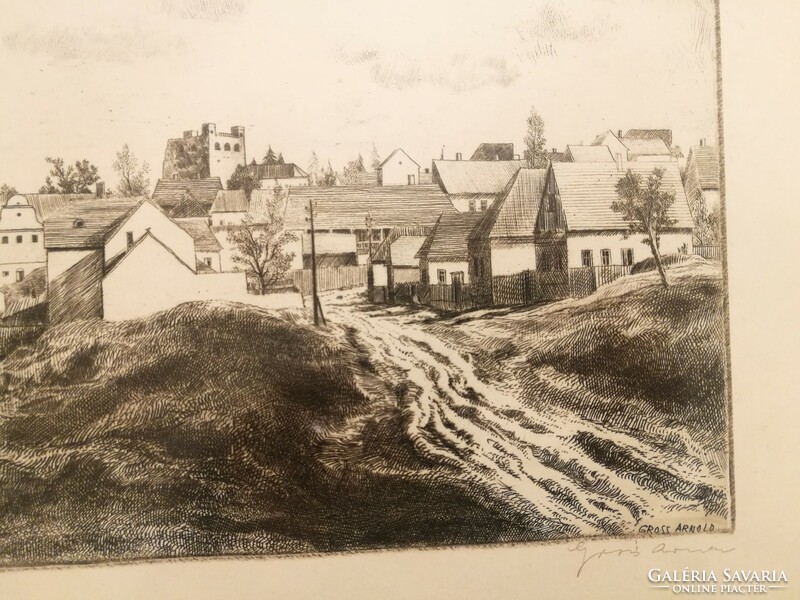 Etching by Arnold Gross: houses in Sarospatak