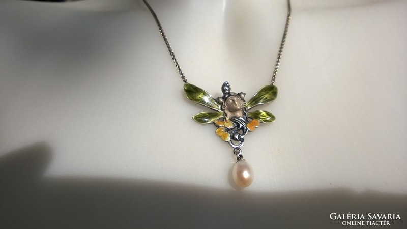 Enamel-cultured pearl, silver necklace-necklace 925 43 cm-unique piece,,jewellery