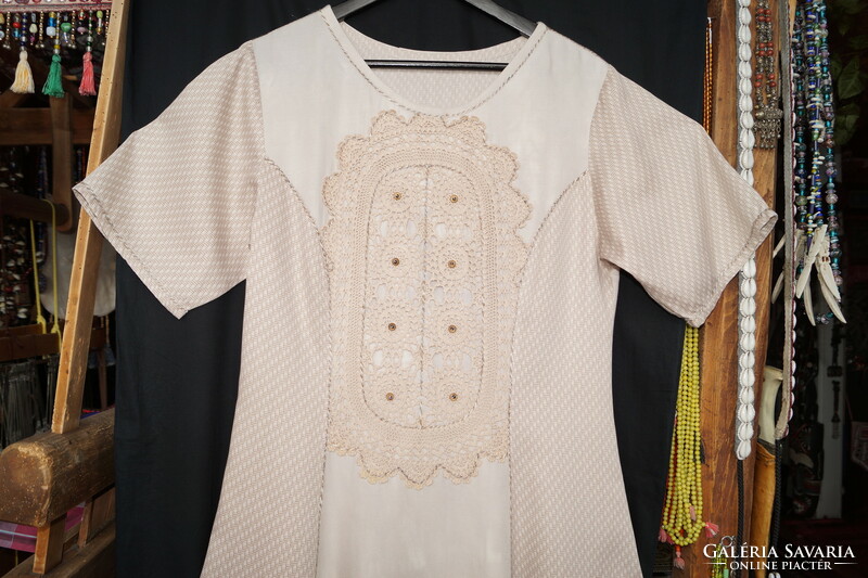 Cream, Light Brown, Beige, Crochet Lace, Beaded, Summer Women's Long Dress, Size M, Tie