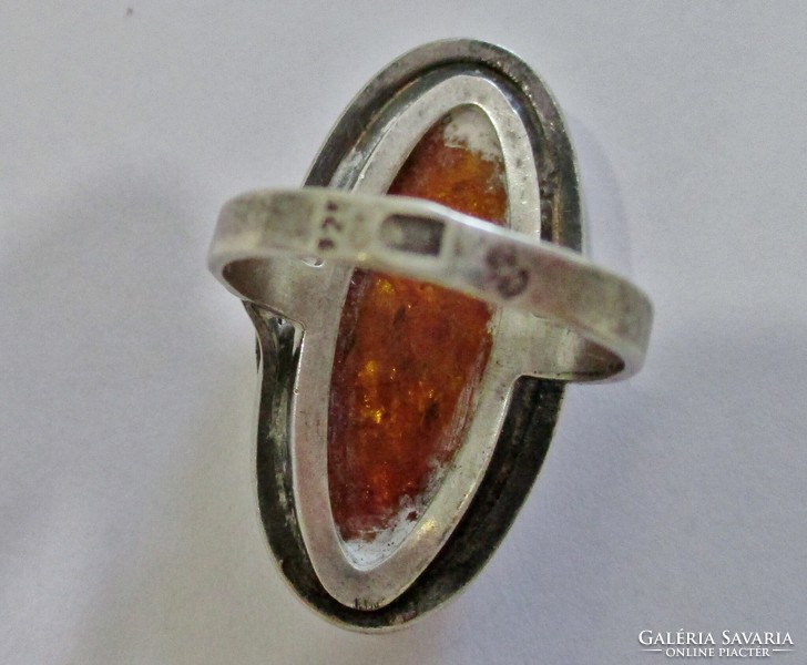 Special antique Russian silver ring with large real amber