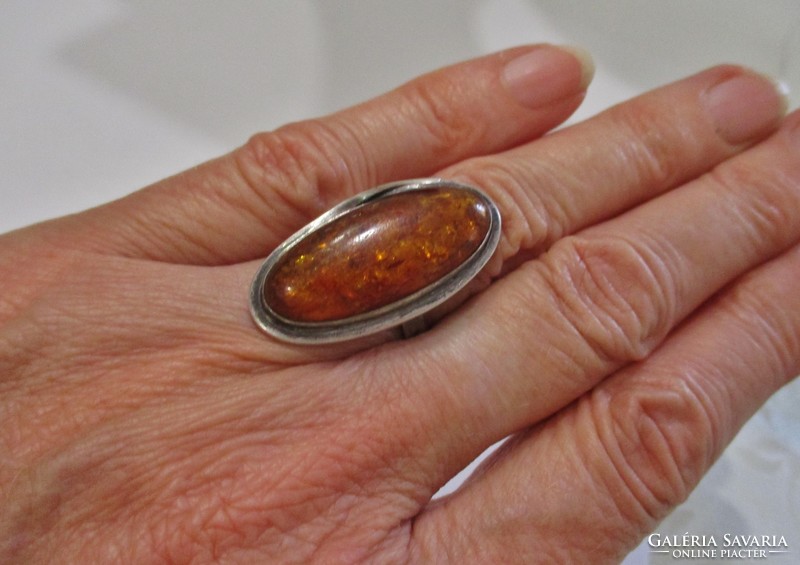 Special antique Russian silver ring with large real amber