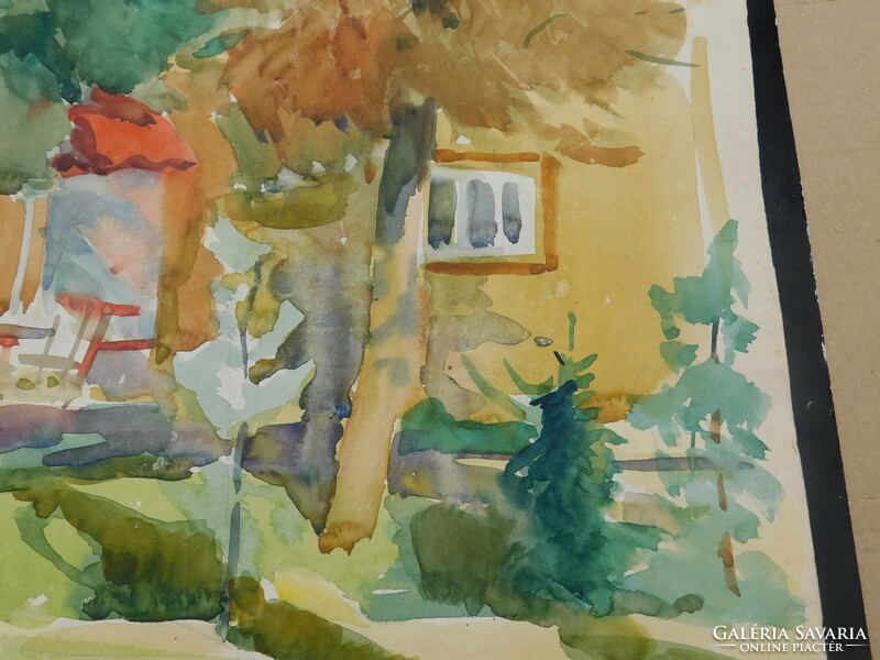 Udvary Pál (1900-1987) Kertrészlet sárga házzal,akvarell,grafika
