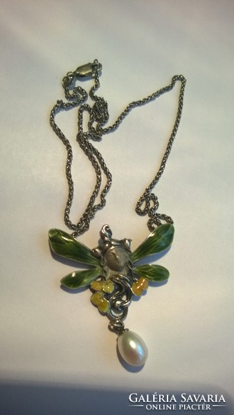 Enamel-cultured pearl, silver necklace-necklace 925 43 cm-unique piece,,jewellery