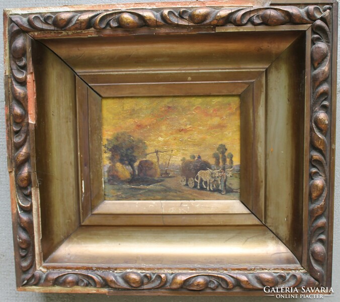 German pearl: sunset with crane well. Antique oil painting