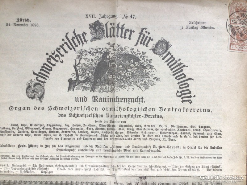 Svájci madártani újságon 1 Kreuzer újságbélyeg