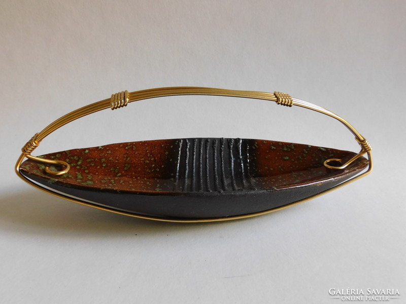 Retro German ceramic serving bowl with bent copper handle