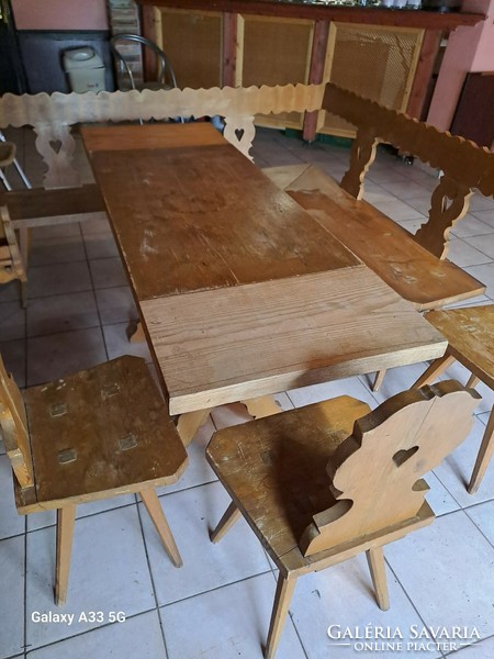 Peasant folk kitchen furniture corner bench with table and chairs and corner shelf