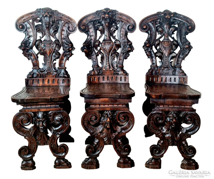 A701 antique, richly carved sgabello Italian Renaissance chairs