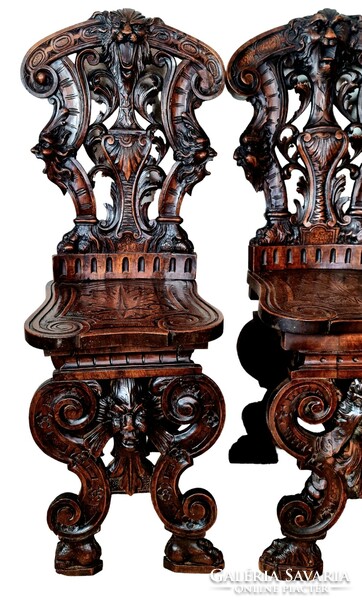 A701 antique, richly carved sgabello Italian Renaissance chairs