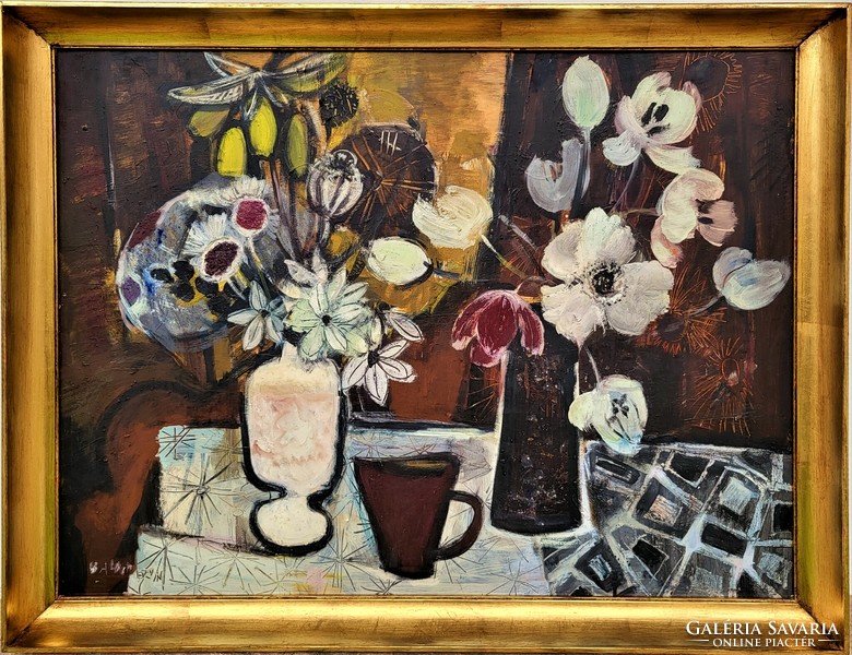 Ervin Balogh (1925-2021) retro still life c. Gallery painting with original guarantee!