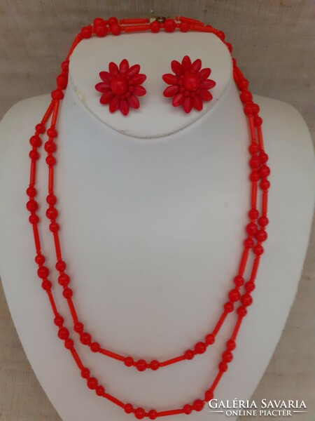 Retro red porcelain long necklace with matching earrings with ear clip gift porcelain chain