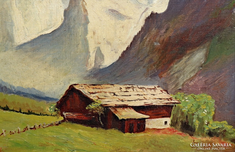 Osztrák (Bécsi) festő: Alpesi táj, jó kvalitású olajfestmény