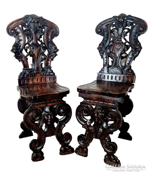 A701 antique, richly carved sgabello Italian Renaissance chairs