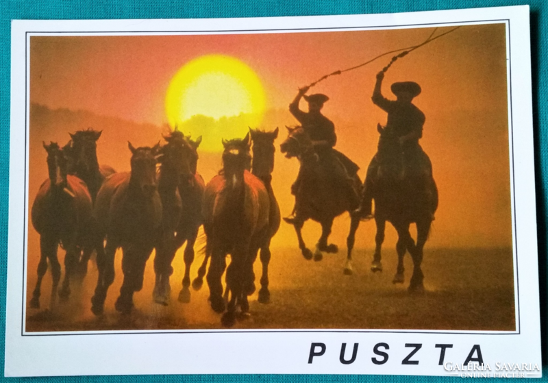 Hortobágy, hortobágyi csikósok a naplementében, postatiszta képeslap, 1991