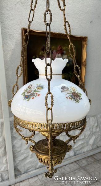 Antique copper chandelier lamp - with floral glass cover