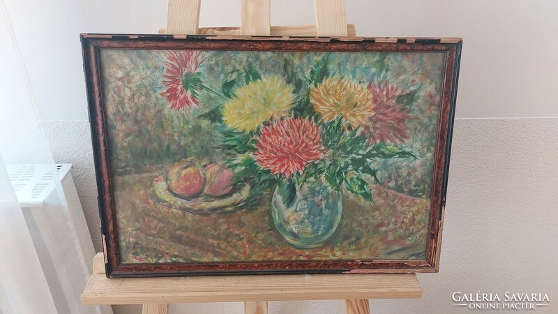 (K) old signed flower still life painting with frame 51x36 cm