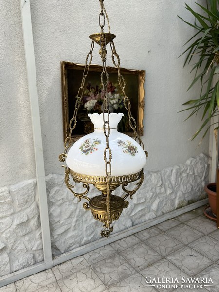 Antik jellegű réz Lüszter lámpa - virágos üvegburával