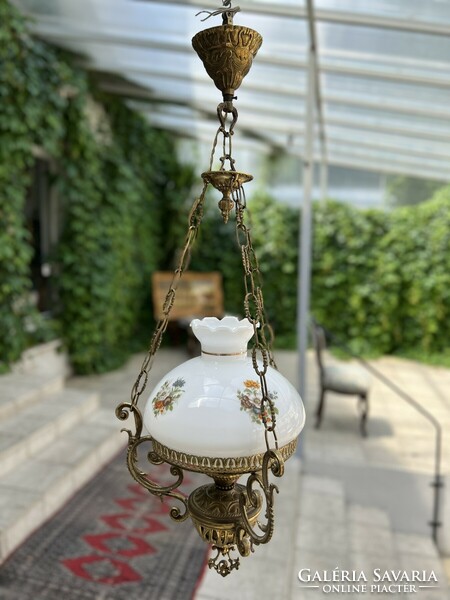 Antique copper chandelier lamp - with floral glass cover