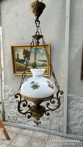 Antique copper chandelier lamp - with floral glass cover