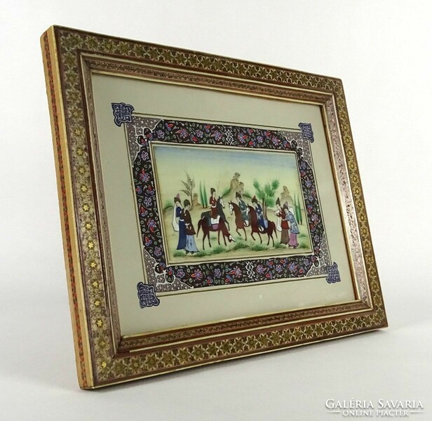 1M623 Gyönyörű régi orientalista lovas jelenet keretben 22.5 x 28.5 cm