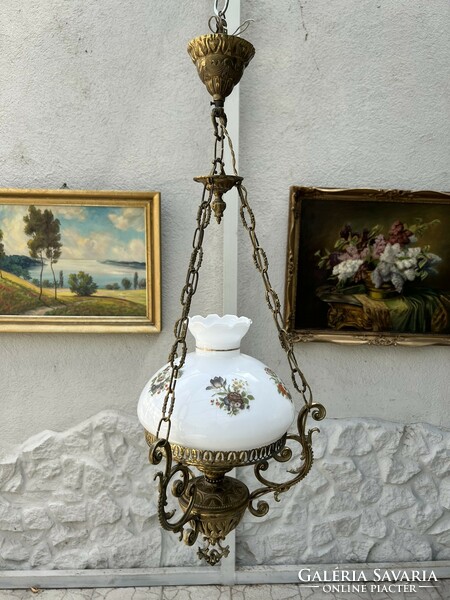 Antik jellegű réz Lüszter lámpa - virágos üvegburával