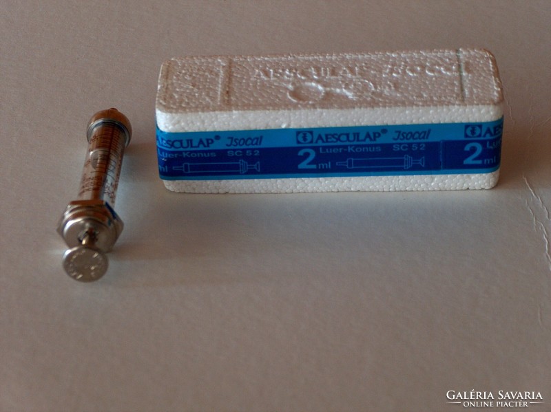 Régi üveg-fém fecskendő, 2 ml, insulinos, AESCULAP - Isocal, nem volt használva