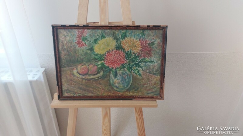 (K) old signed flower still life painting with frame 51x36 cm